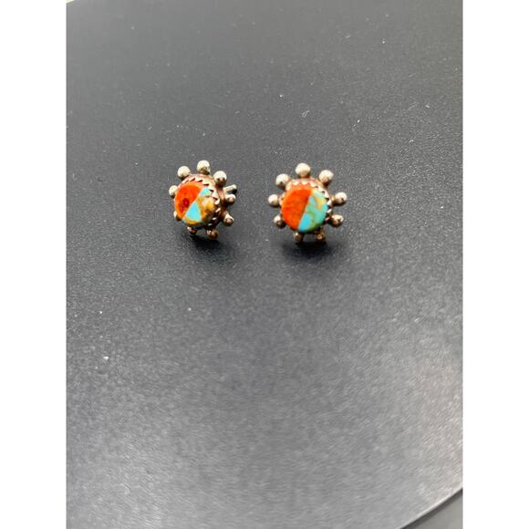 Sterling Silver Signed Designer Turquoise and Coral Small Stud Pierced Earrings - Picture 5 of 10